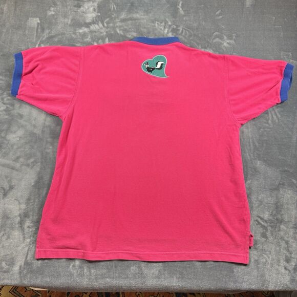 VTG 90s Six Flags Pepe Le Pew Embroidered Polo Shirt Men’s Fuchsia Teal Size L - Picture 3 of 10